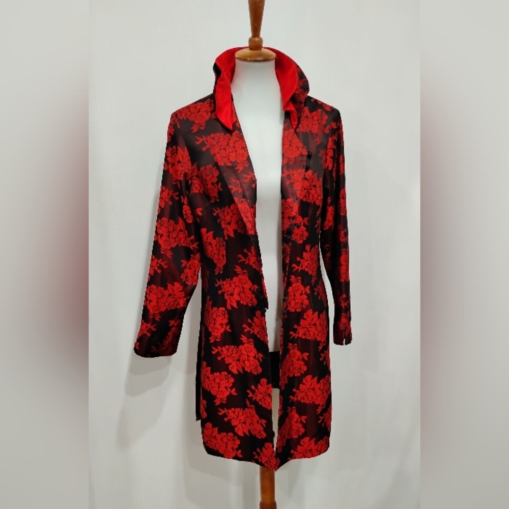 Red Floral Open-Front Long Jacket for Women